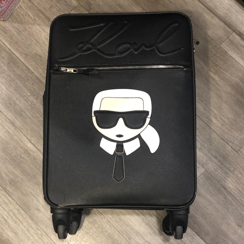 Karl Lagerfeld Black Rolling Carry-On with White Graphic Patch